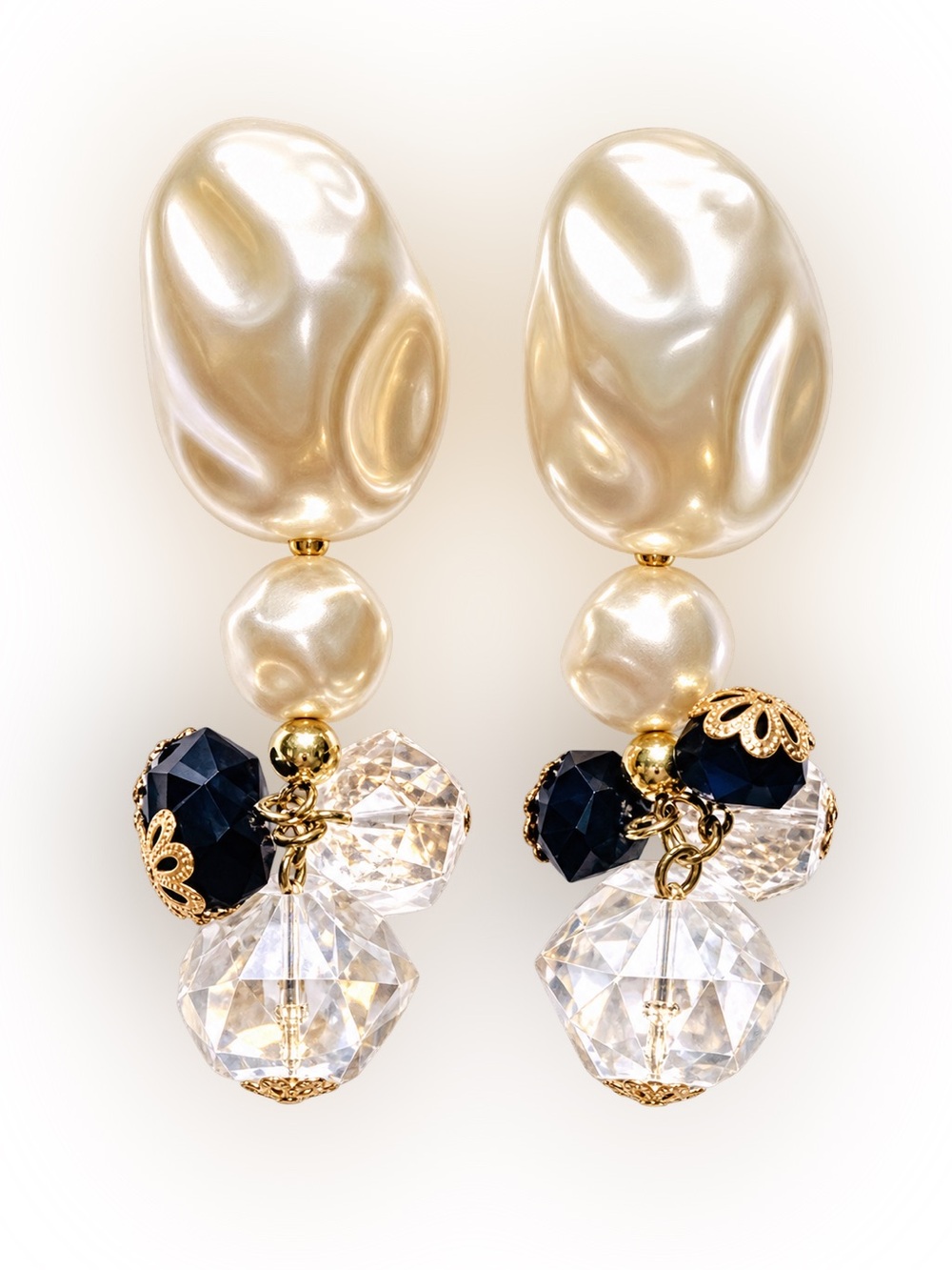 80’s Pearl Drop Earrings with Crystal Accents Gold & Black Faux Pearl
